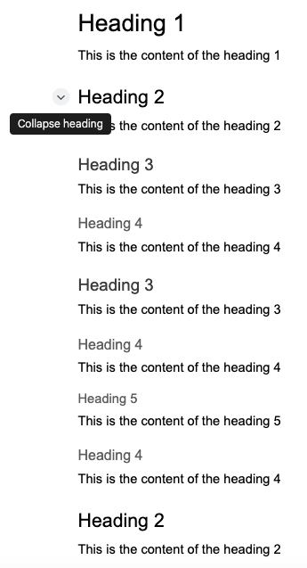 A screenshot of an example heading structure in Google Docs. Semantic headings 1 through 5 are shown with dummy content below and between each. The second heading down (an H2), has the mouse pointer hovered over a caret which reveals text that says "Collapse heading"