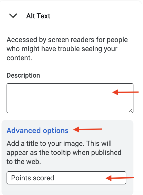 A screenshot of the Alt Text panel in Google Docs. A red arrow points to the Description and Title fields. The title field is part of the Advanced Options dropdown.