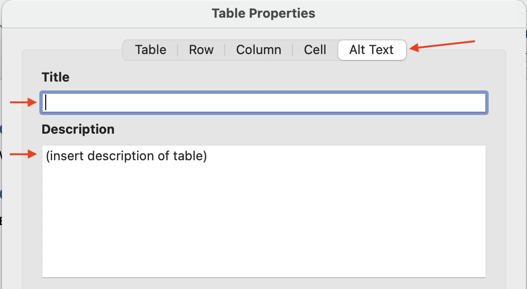 A screenshot of the Table Properties dialog in Microsoft Word opened to the Alt Text tab. A red arrow points to the active tab. There are two fields with red arrows pointing to them: Title and Description.
