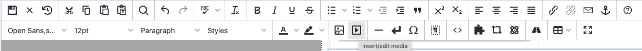 A screenshot of the Omni CMS edit mode toolbar. There are a lot of buttons, but the relevant one is being hovered over to show the "Insert/edit media" title text. This button is in the second row of the toolbar near the middle.