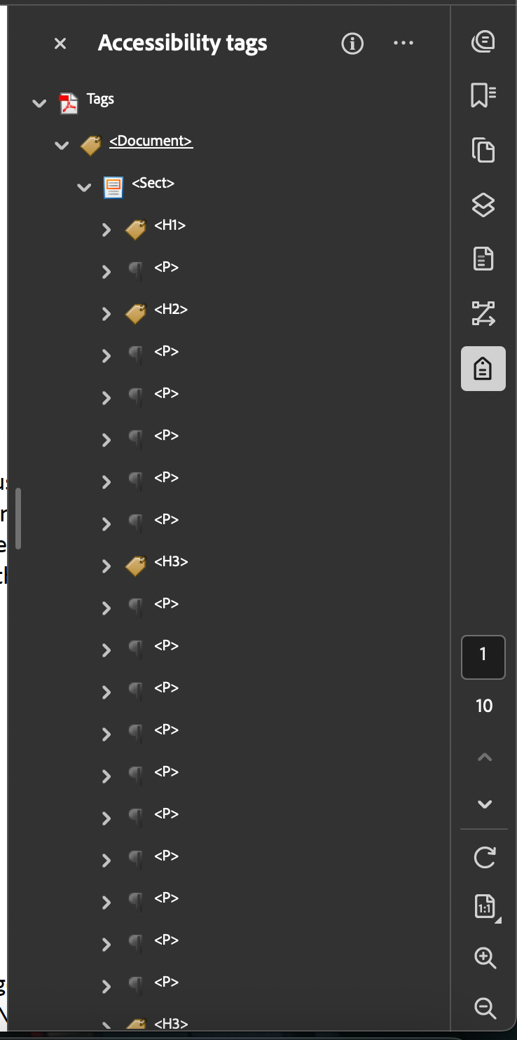 Adobe Acrobat "Accessibility tags" sidebar, showing a tag tree.