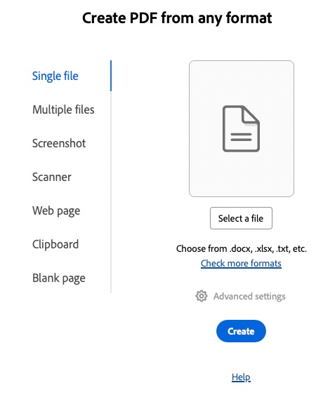 Adobe Acrobat "Create PDF from any format" page with the button to "Select a file" and a button below it labelled "Create".