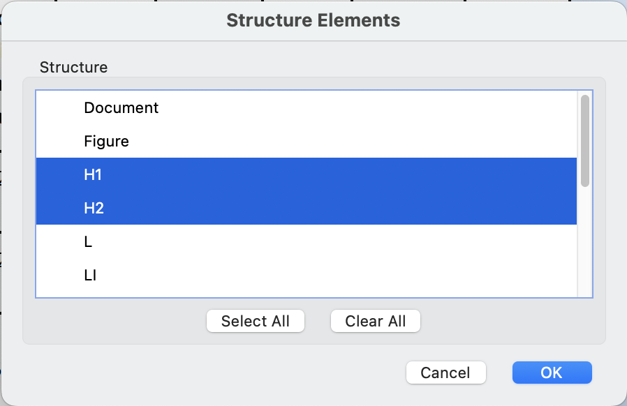 Adobe Acrobat "Structure Elements" dialog, with "H1" and "H2" selected and the OK button highlighted.