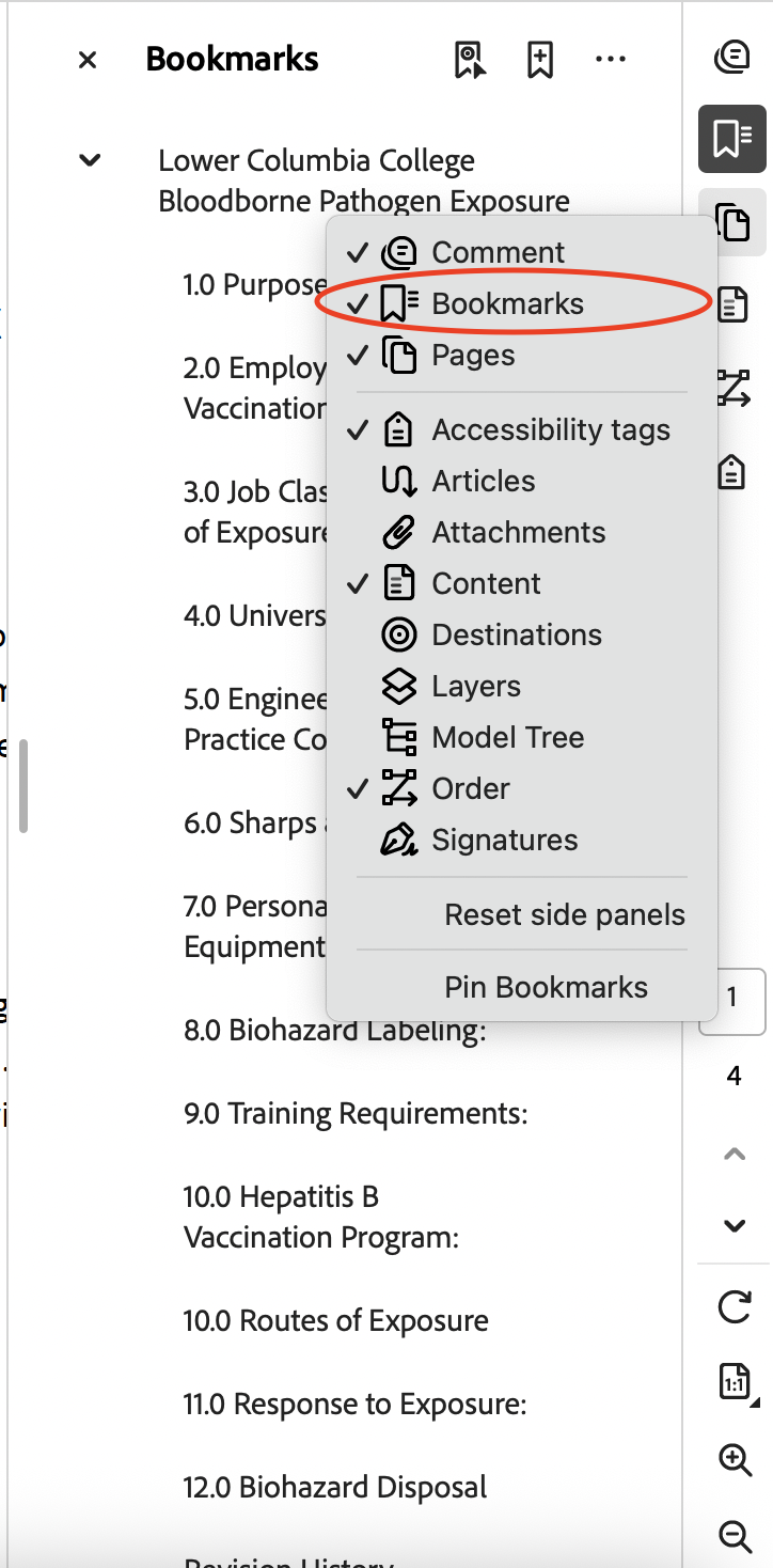 Adobe Acrobat "Bookmarks" sidebar, showing quick links to important document locations.
