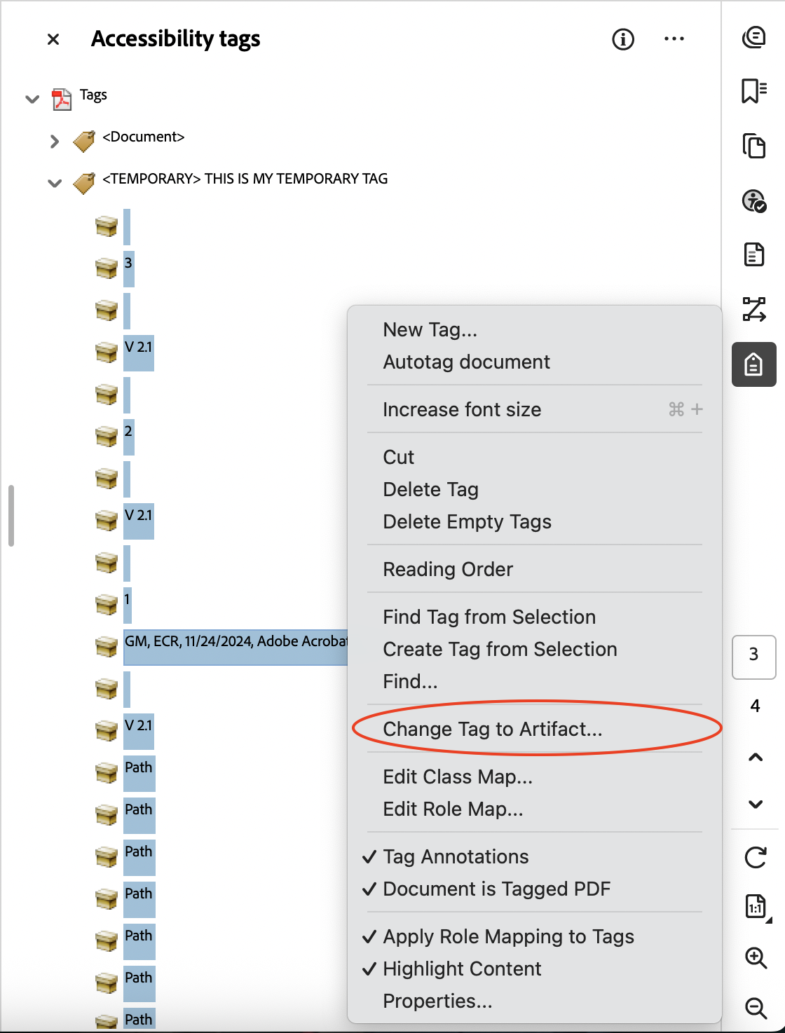 Adobe Acrobat Accessibility Tags sidebar with the temporary tag expanded and its contents all selected. The context menu is open with the "Change Tag to Artifact" option highlighted.