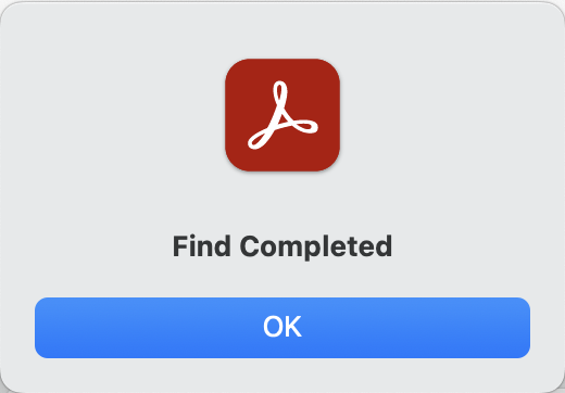 Adobe Acrobat "Find Completed" popup notification.
