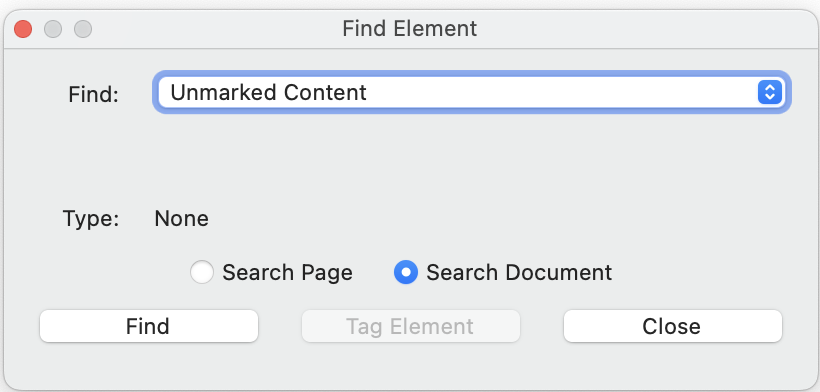 Adobe Acrobat "Find Element" dialog with the "Find" select box open and the "Unmarked Content" option highlighted