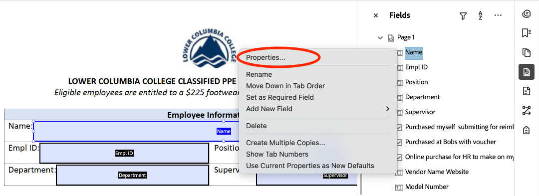Adobe Acrobat with the Fields sidebar open in "Prepare a form" mode. The context menu is open for the first form field, with the Properties option highlighted.