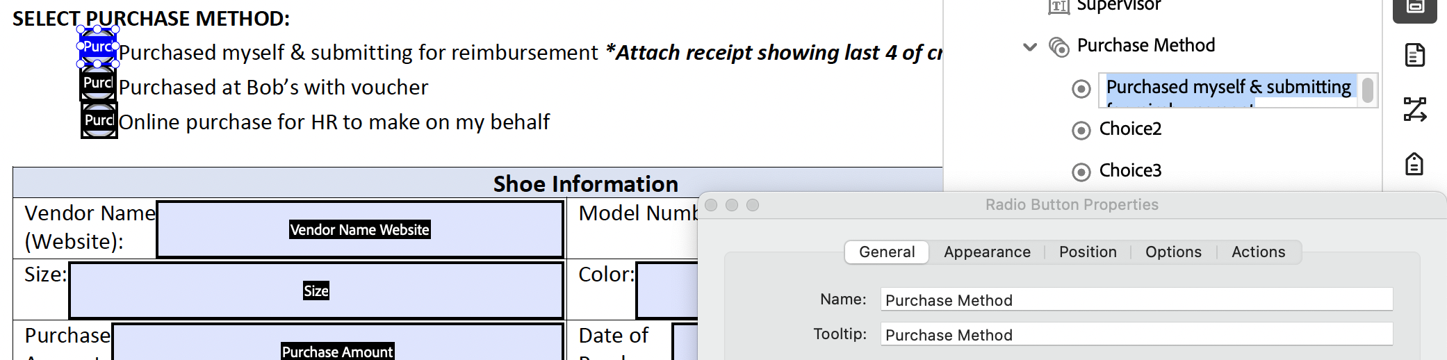 Adobe Acrobat with the Fields sidebar open in "Prepare a form" mode. The Properties dialog is open for a choice in a radio button group showing the Name and Tooltip set to the group name. The text of the choice is being edited.