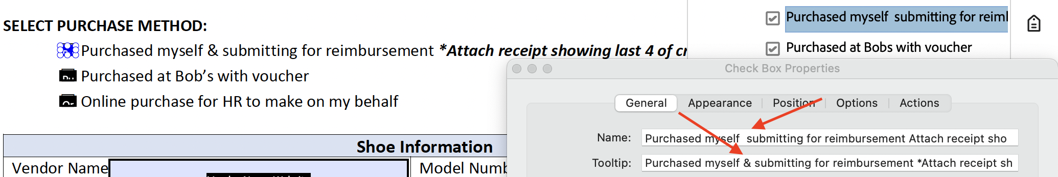 Adobe Acrobat with the Fields sidebar open in "Prepare a form" mode. The Properties dialog is open on the General tab showing the Name and Tooltip fields with arrows pointing to the differences in their text. The Name field is missing special characters contained in the Tooltip field.