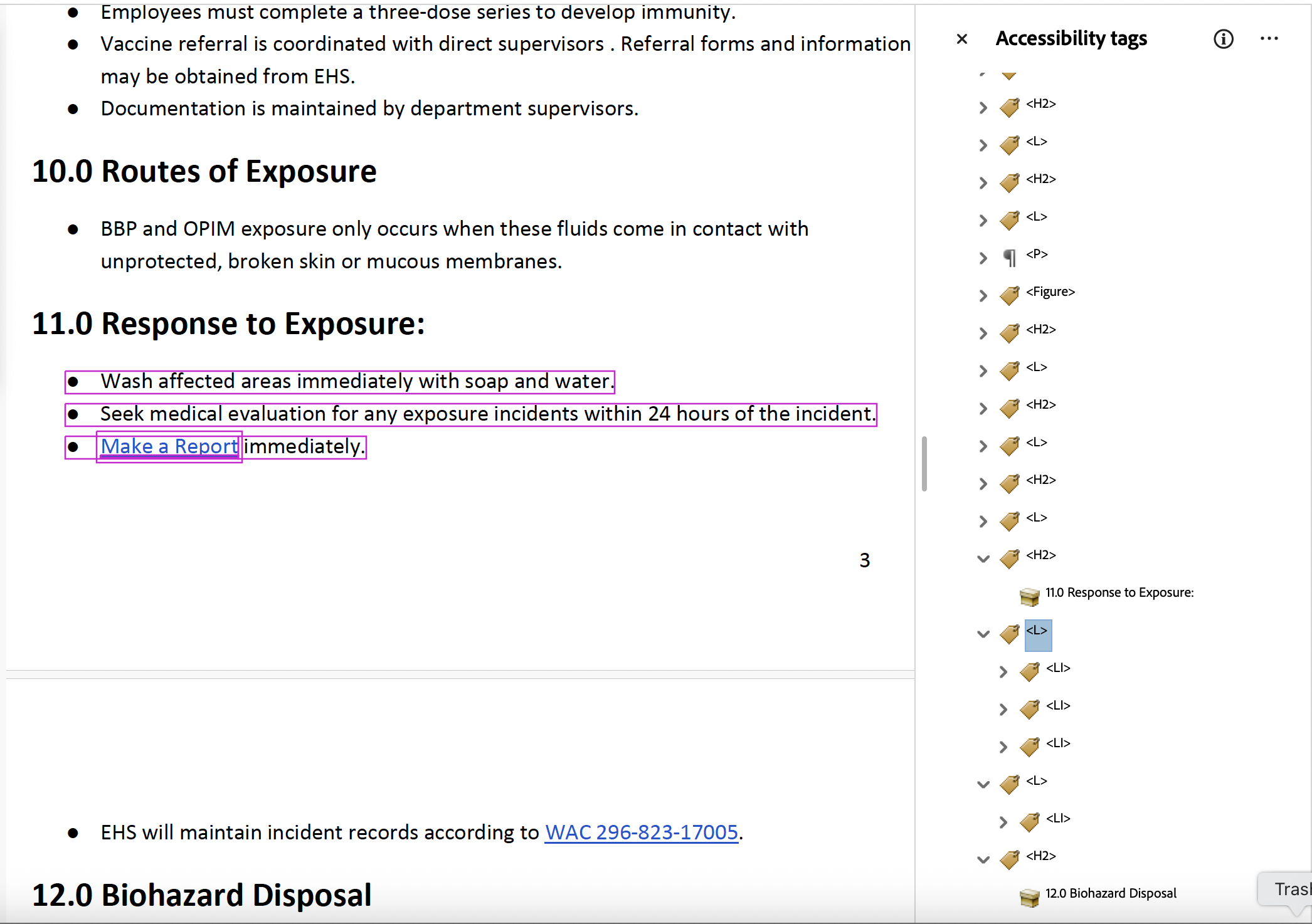 Adobe Acrobat document showing a List with 4 items, 3 before a page break, and 1 after. However, the tag tree shows 2 Lists: a List with 3 items followed by a List with 1 item.