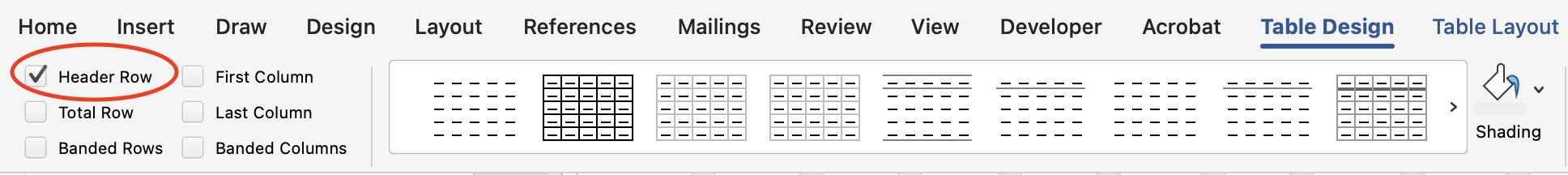 Microsoft Word ribbon on the Table Design tab, with the Header Row box checked.