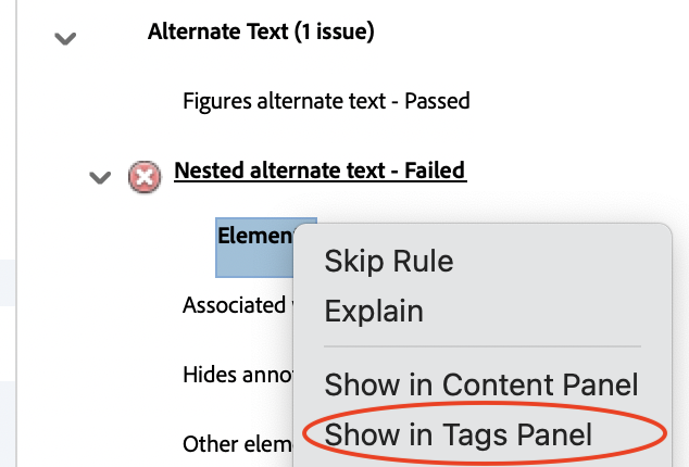 Adobe Acrobat Accecssibility Checker sidebar with the "Nested alternate text - failed" check expanded to show one element. The context menu for the element is open with the "Show in Tags Panel" option highlighted.