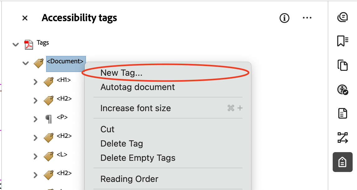 Adobe Acrobat Accessibility tags sidebar with the document tag selected and the context menu open. The "New Tag..." option in the context menu is highlighted.