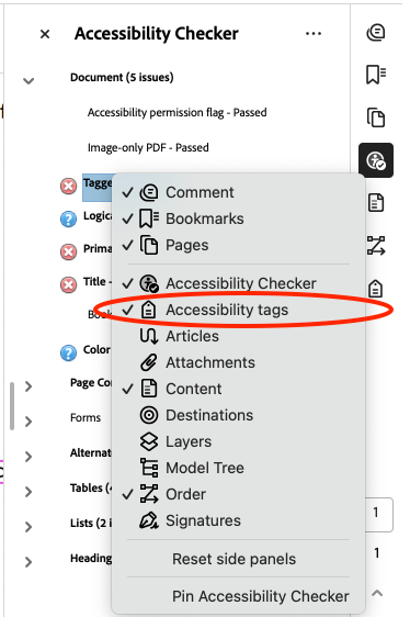Adobe Acrobat side panel context menu showing a list of sidebar functions pinned. The Accessibility tags option is pinned..