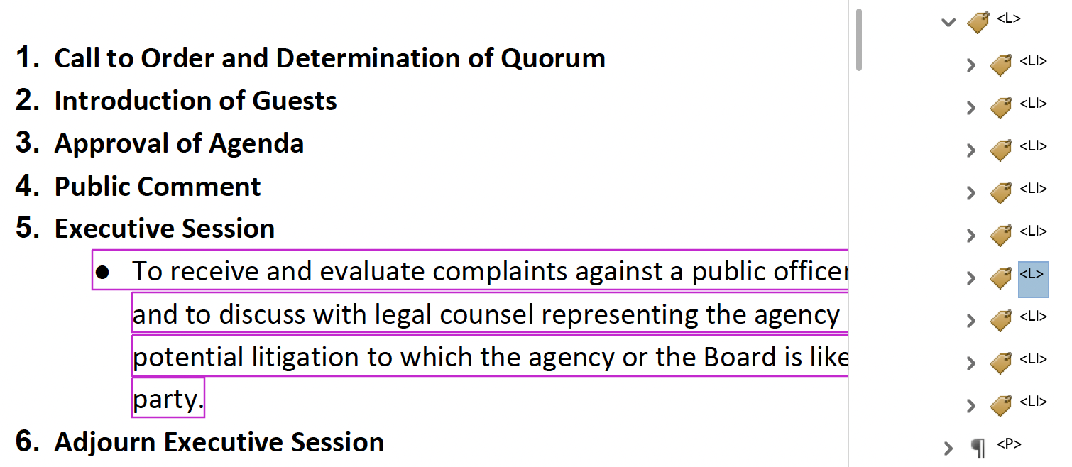 Adobe Acrobat Accessibility tags sidebar showing a sublist tag <L> incorrrectly nested, as a child of the main list tag <L>.