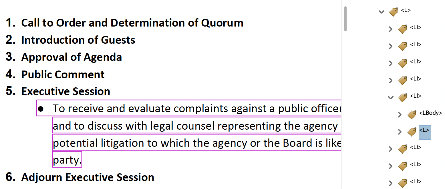Adobe Acrobat Accessibility tags sidebar showing a sublist tag <L> incorrrectly nested, as a child of the list item tag <LI> that precedes the sublist.