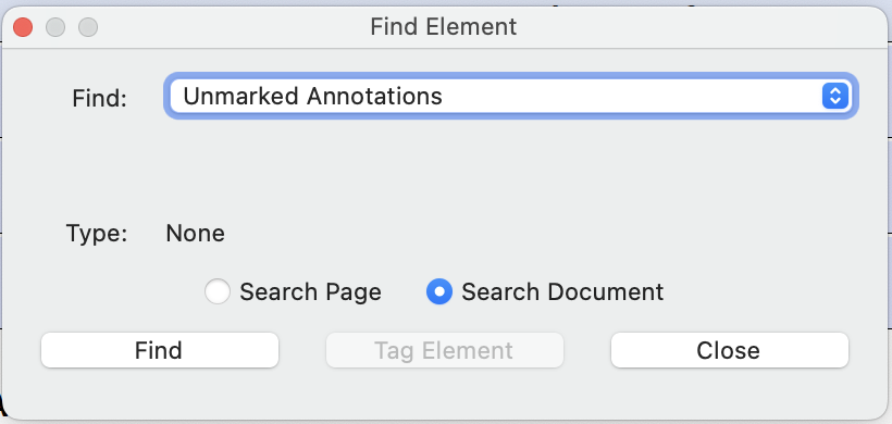 Adobe Acrobat "Find Element" dialog with the "Find" select box open and the "Unmarked Annotations" option highlighted