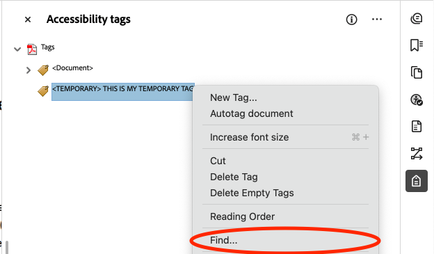 Adobe Acrobat Accessibility tags sidebar with the temporary tag selected and the context menu open. The Find option in the context menu is highlighted.