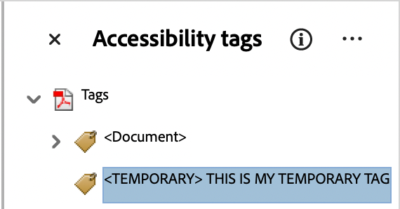 Adobe Acrobat Accessibility tags sidebar shows a collapsed document tag and an empty temporary tag.