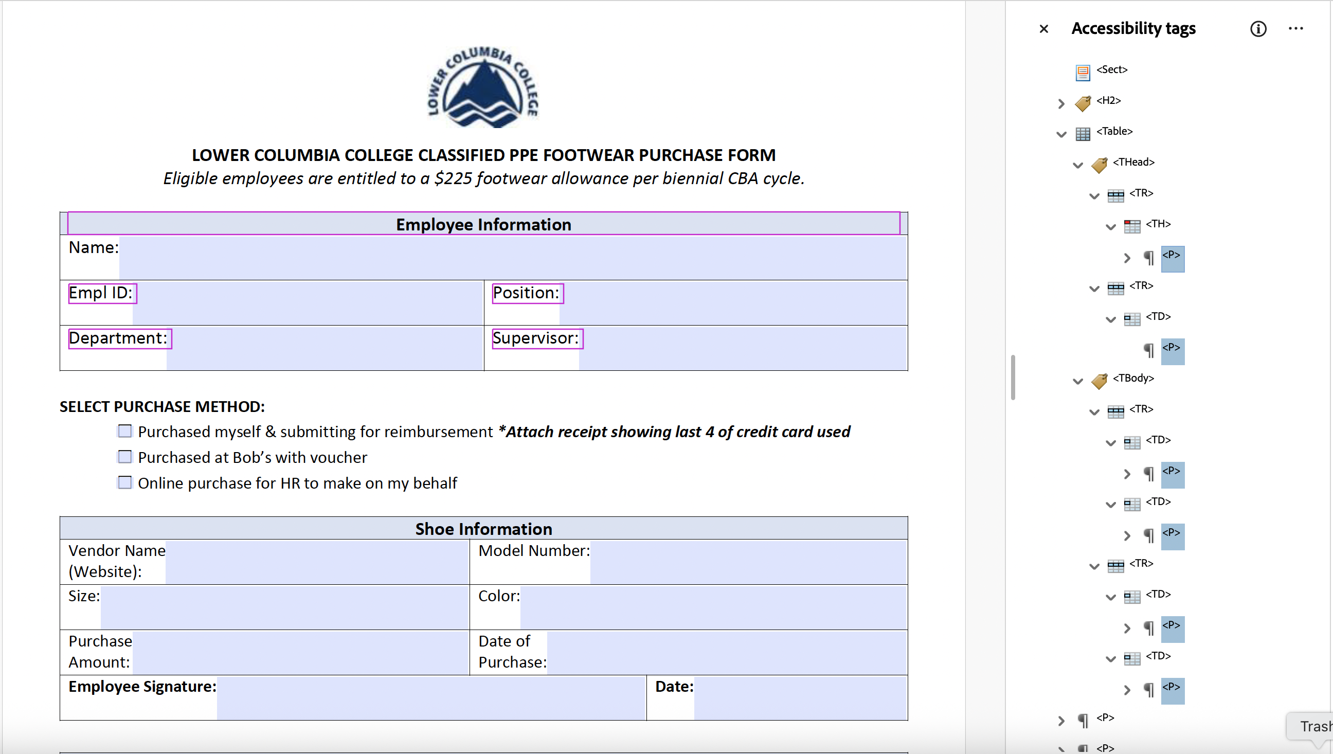 Adobe Acrobat Accessibility tags menu showing a Table tag's inner contents selected.