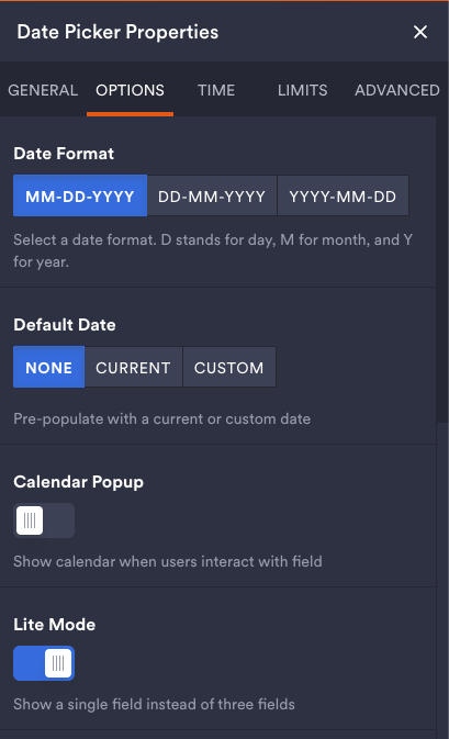 Date Picker element selected with the "Properties" option highlighed.