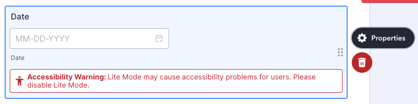Date Picker element selected with the "Properties" option highlighed.