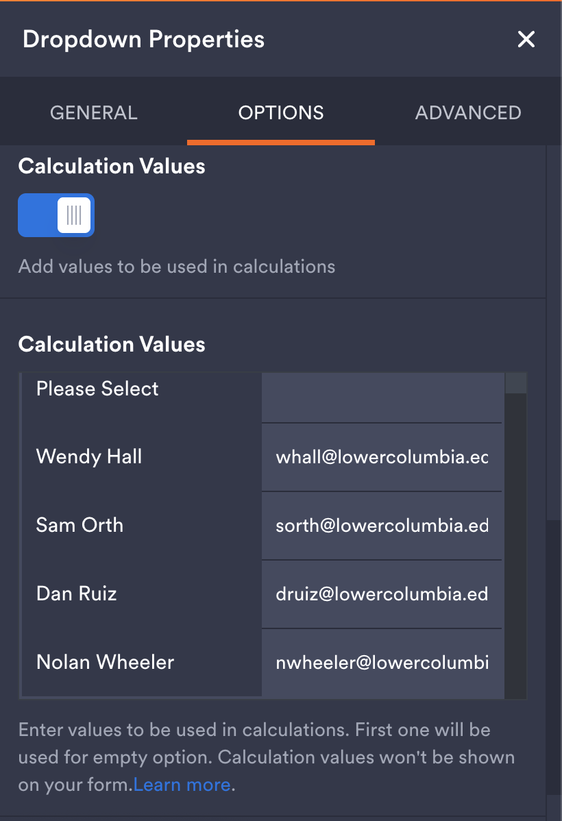 Dropdown options with calculation values checked and filled