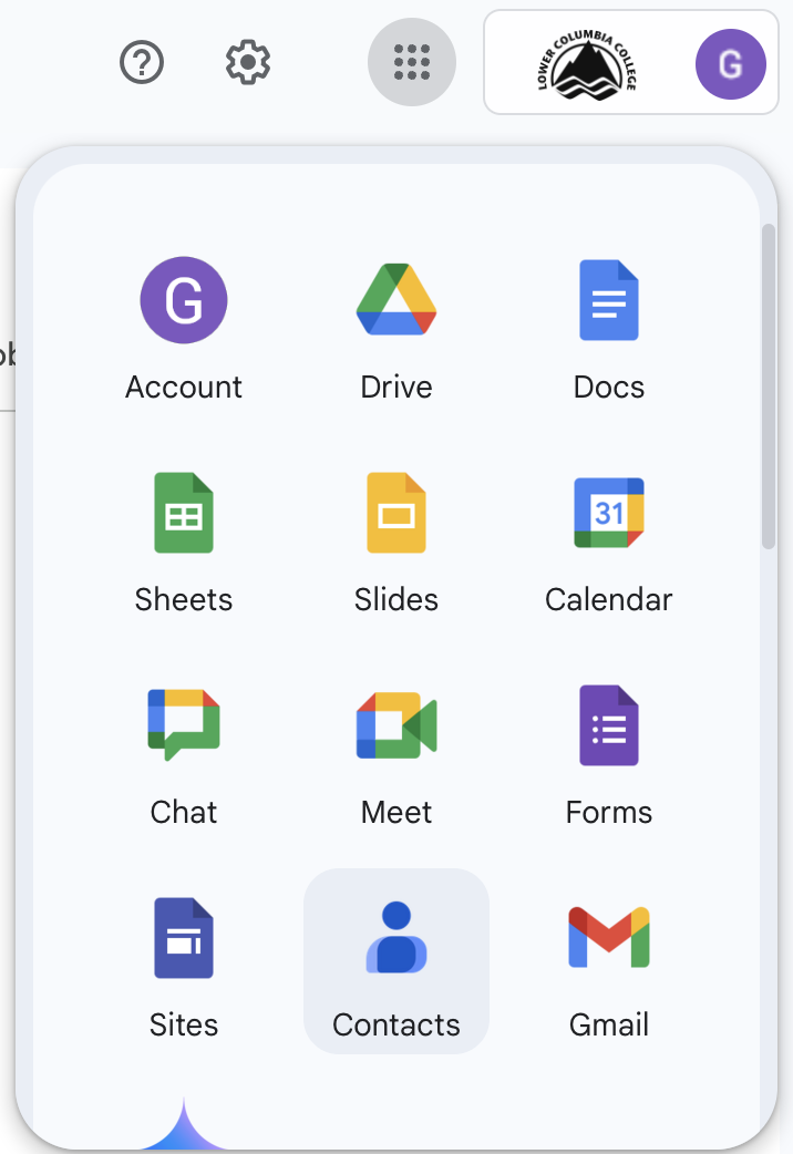 Google apps menu with the Contacts option highlighted.