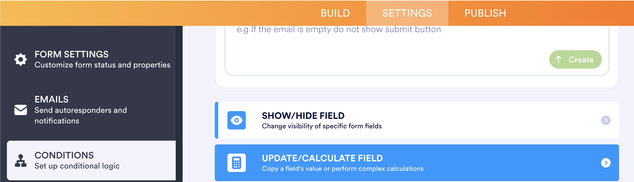 Jotform form settings "Conditions" tab with the "Update/Calculate field" option highlighted.