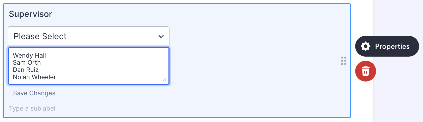 Jotform dropdown element with options list open.