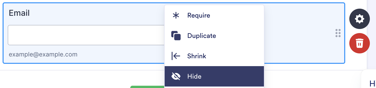 Jotform email field with the context menu open the "Hide" option highlighted.