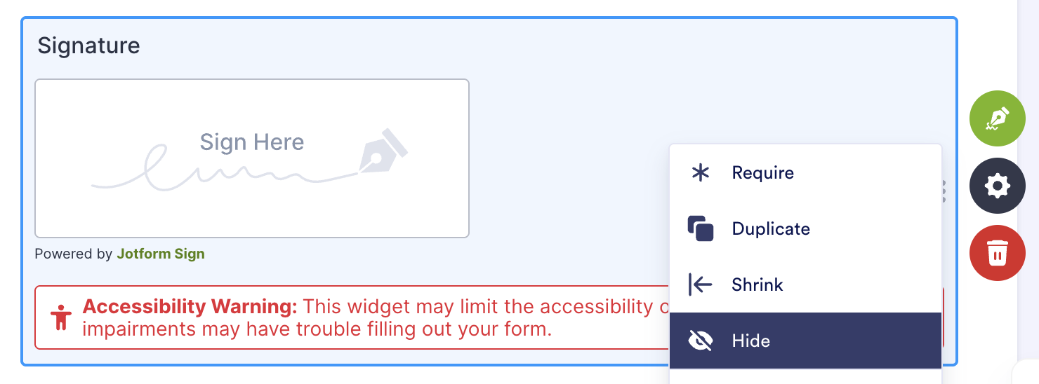 Signature element context menu with the "Hide" option highlighted.