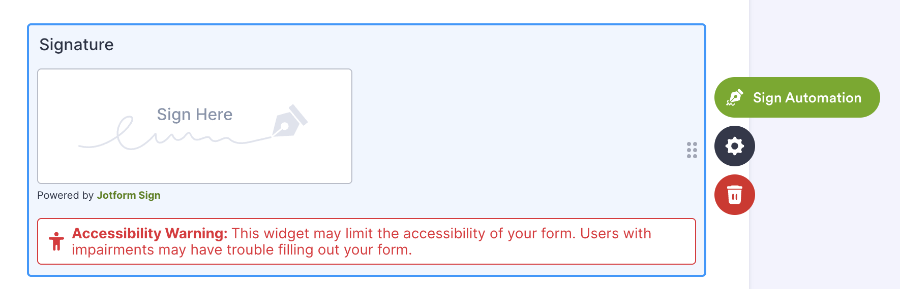 Signature element with the "Sign automation" element highlighted.
