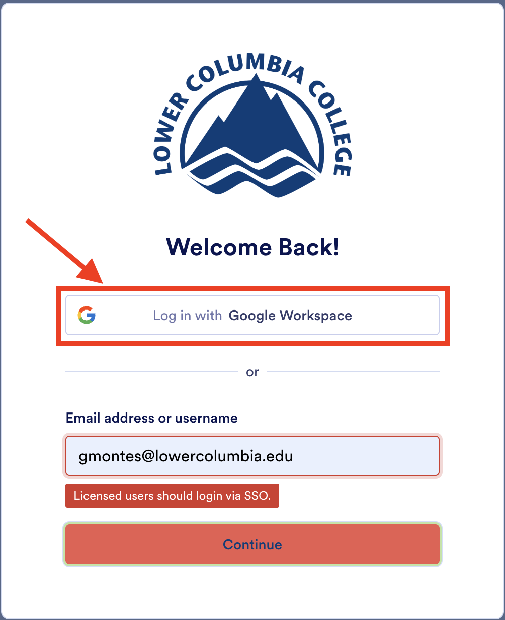 Jotform login with the "Login with Google Workspace" option highlighted and an error in the email address field that says "Licensed users should log in with SSO".