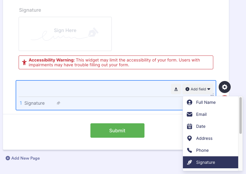Signature element hidden with a Fill in the Blank element containing a signature field.